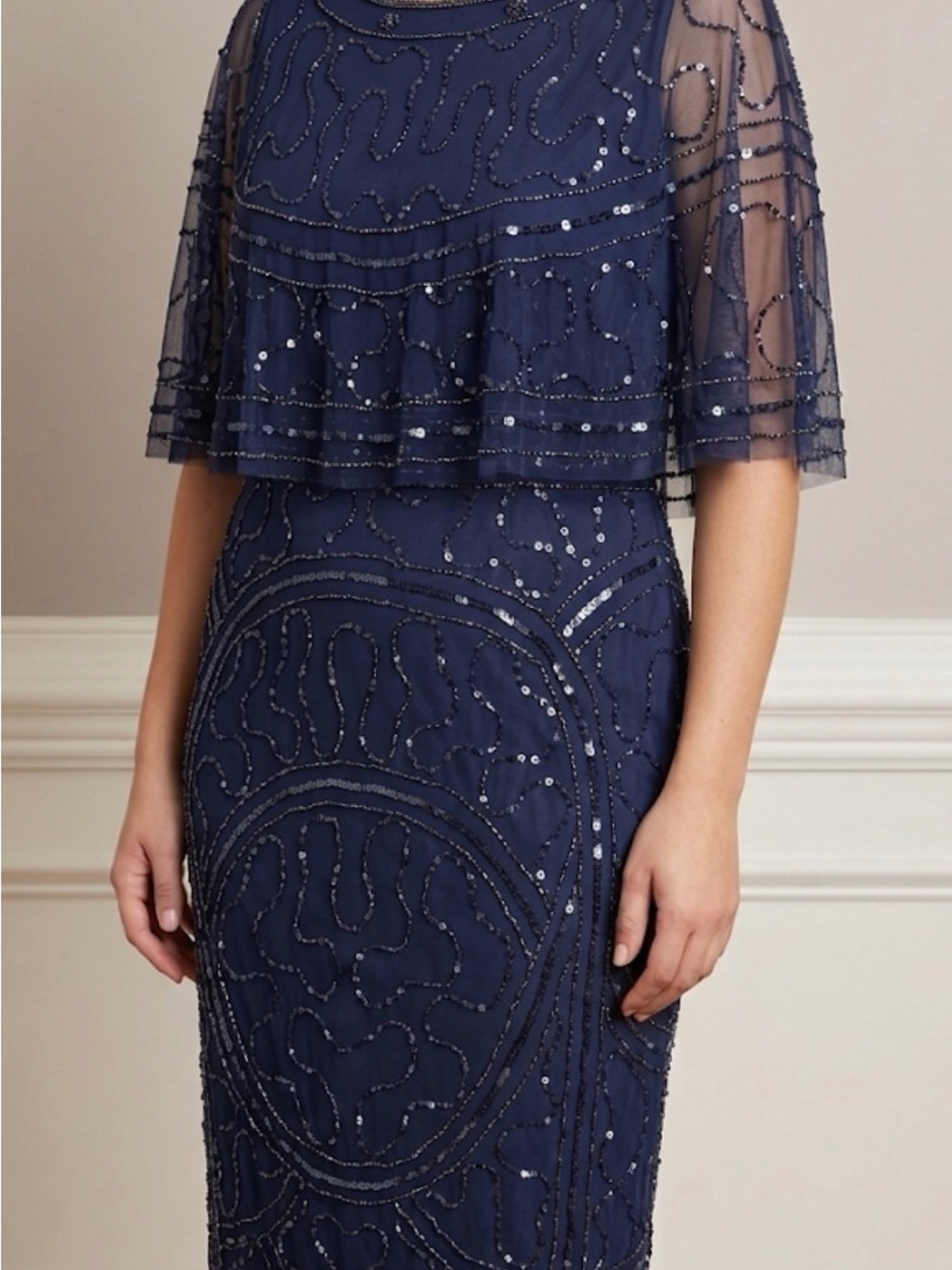 Papell Studio Navy Blue Beaded Mesh Popover Capelet Dress 12 NWT Art Deco Midi